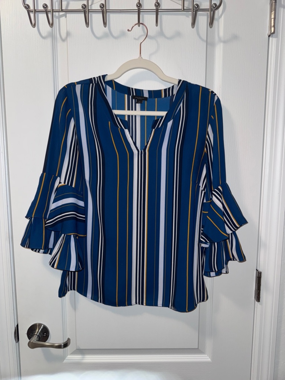 Ann Taylor Navy and White Vertical Stripe V-Neck Blouse with Ruffle Sleeves